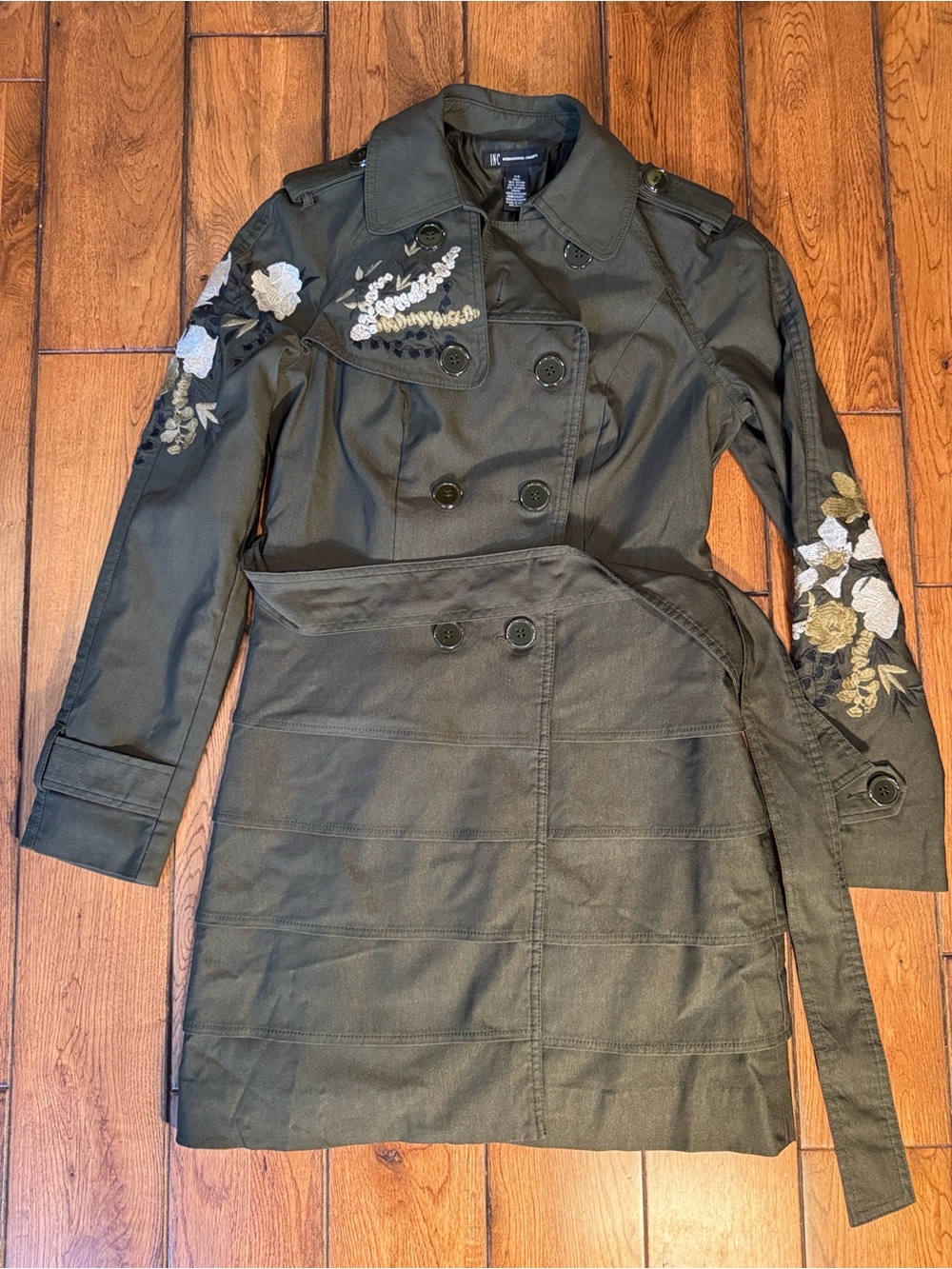 INC International Concepts Olive Embroidered Double-Breasted Trench Coat sz. XS